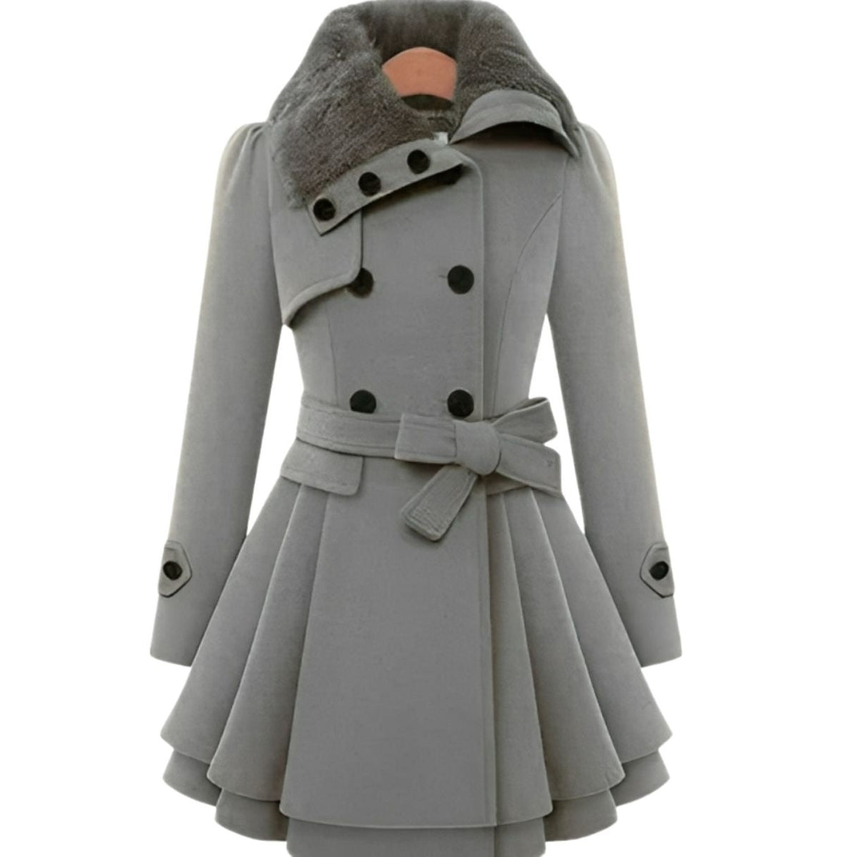 Women's fitted coat with a faux fur collar and flared skirt - light grey