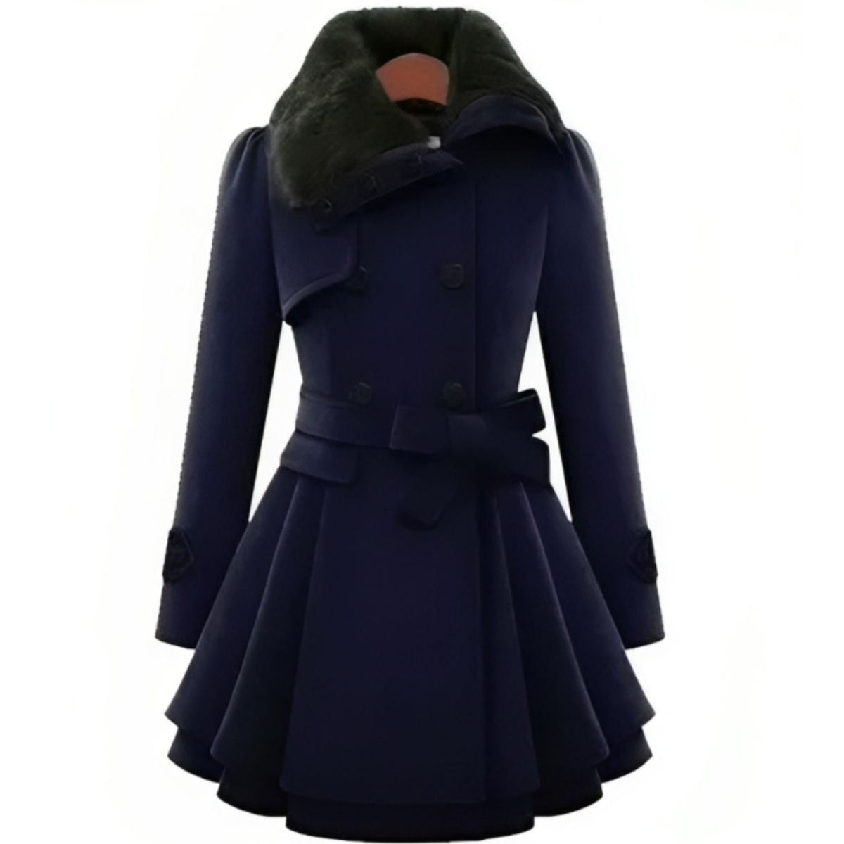 Women's fitted coat with a faux fur collar and flared skirt - navy