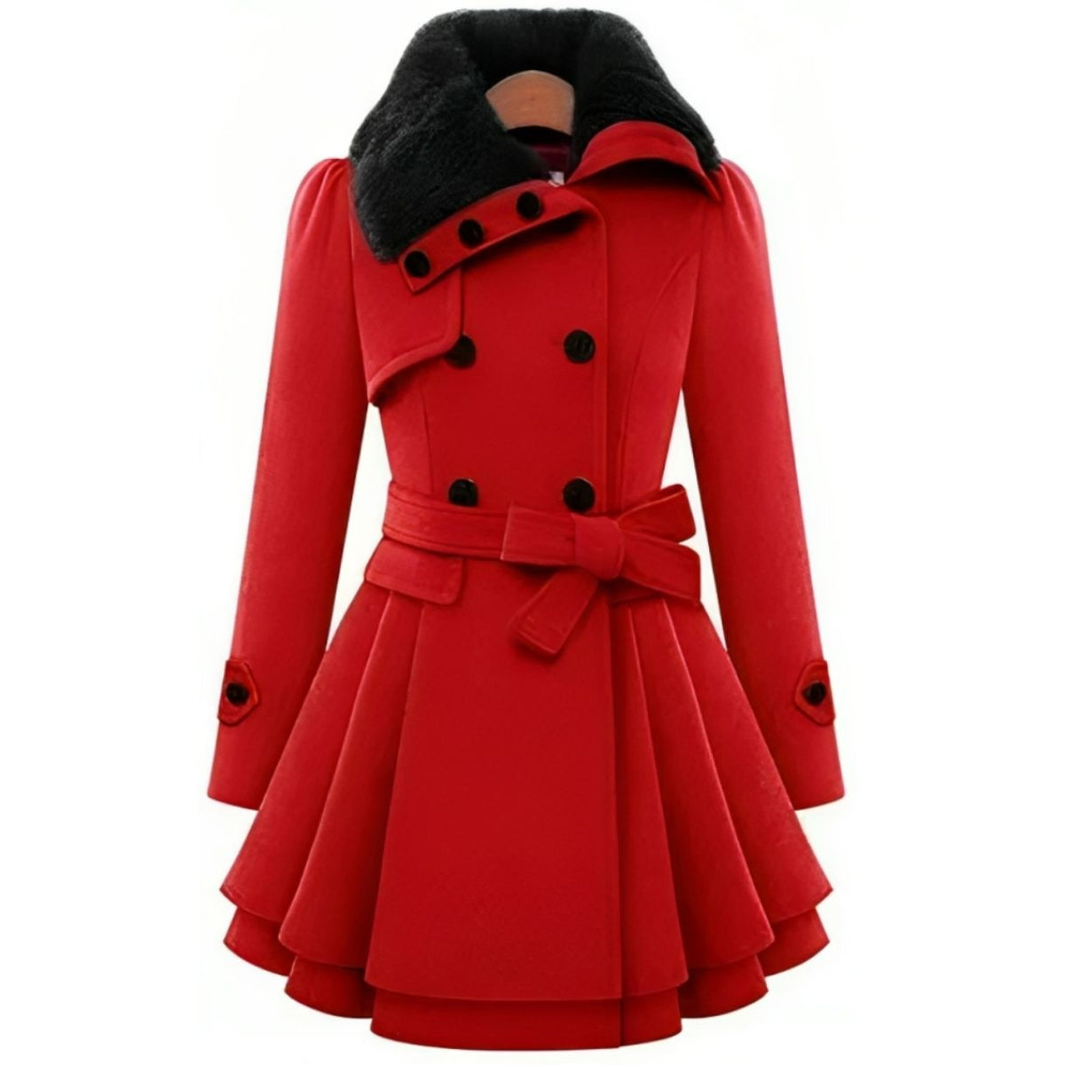 Women's fitted coat with a faux fur collar and flared skirt - red