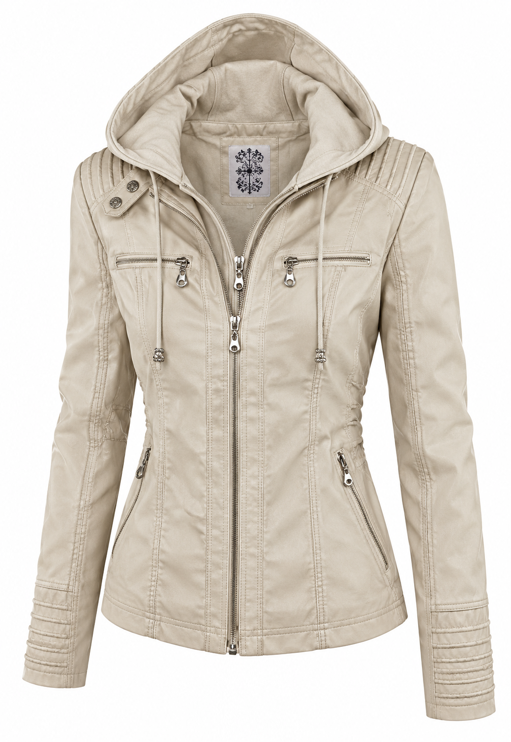 Women's fitted hooded jacket in faux leather - stone