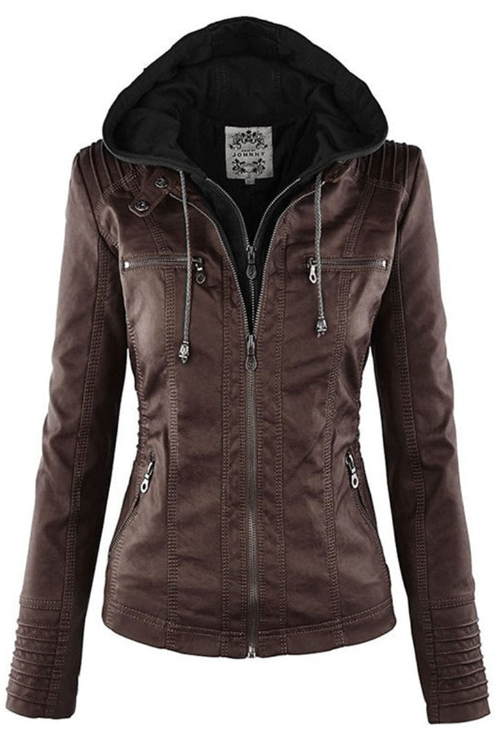 Women's fitted hooded jacket in faux leather - dark brown