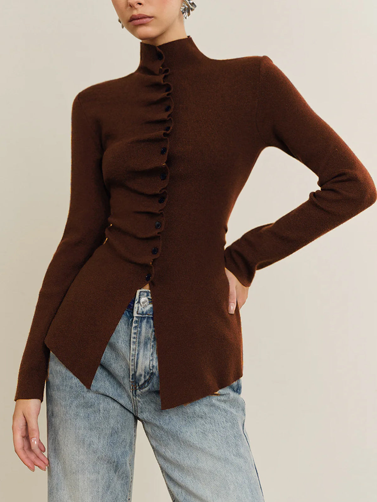 Women's fitted cardigan with a mock neck and pleated button front - chestnut brown