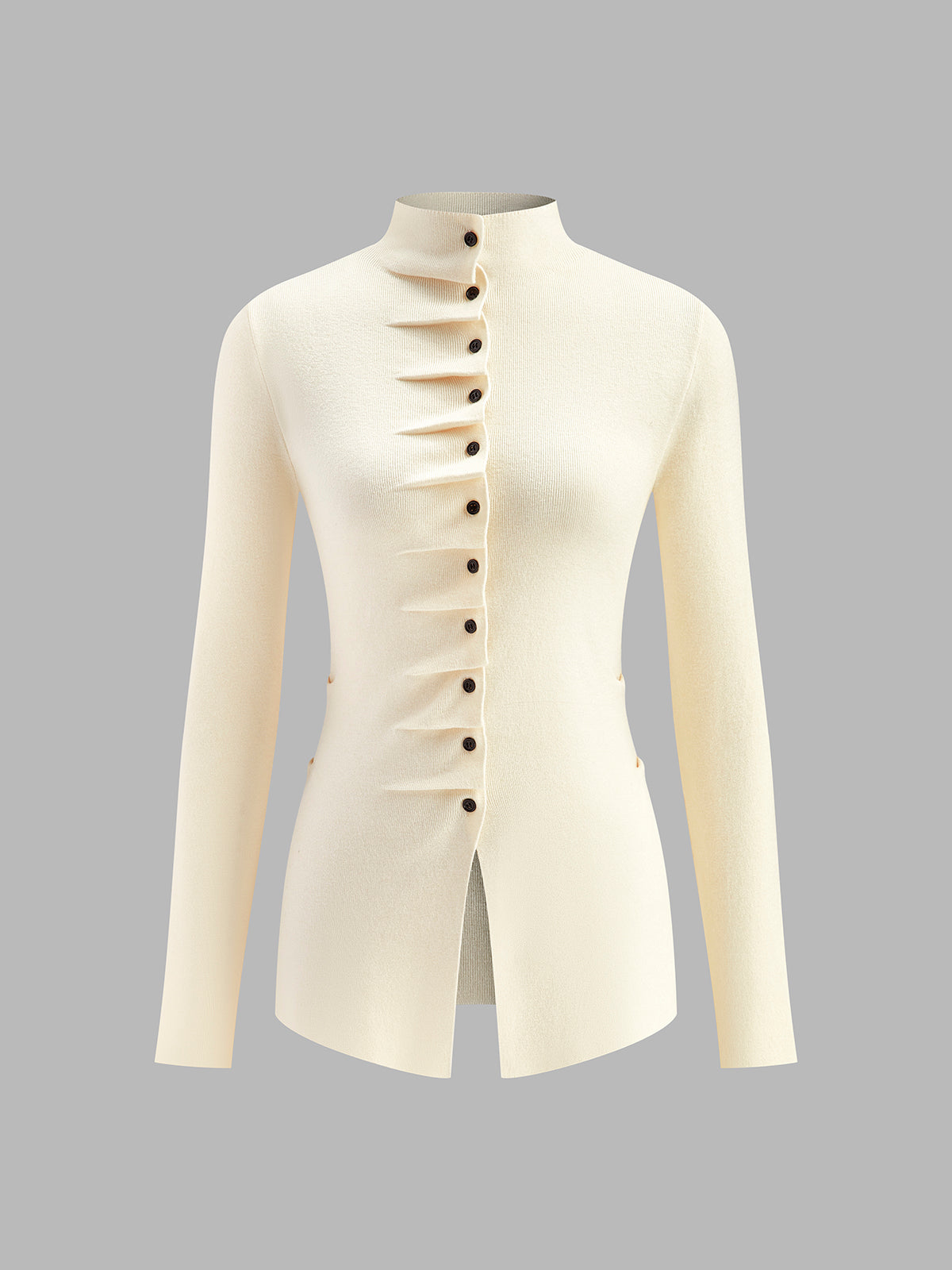 Women's fitted cardigan with a mock neck and pleated button front - cream