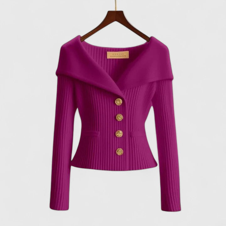Women's fitted ribbed cardigan with a wide foldover collar and gold-tone buttons - purple