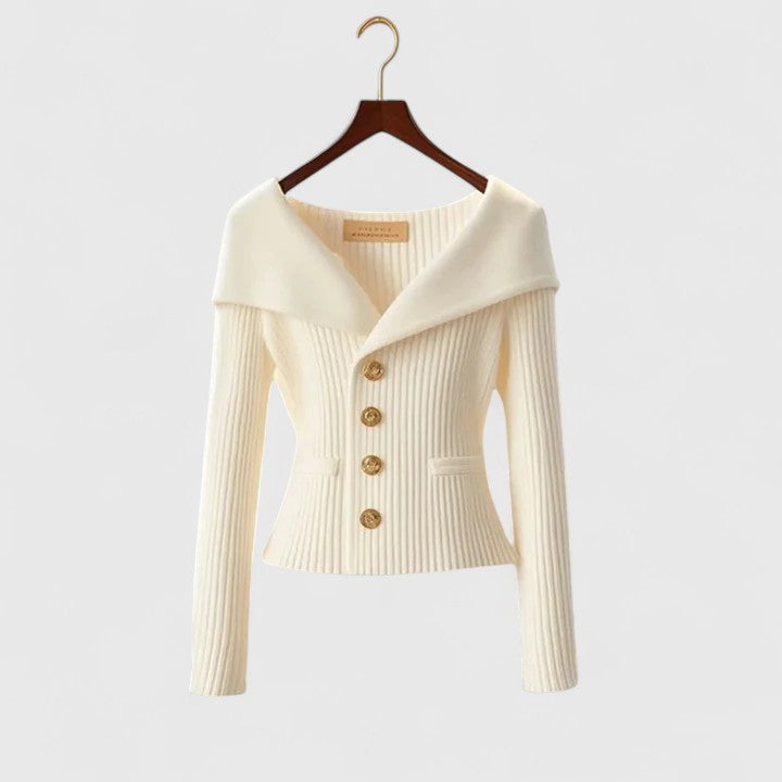 Women's fitted ribbed cardigan with a wide foldover collar and gold-tone buttons - cream
