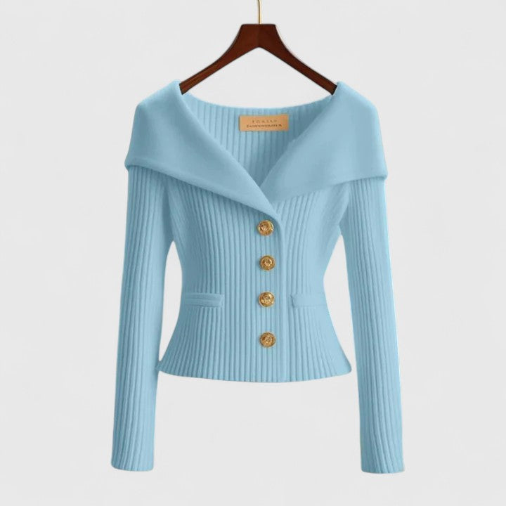 Women's fitted ribbed cardigan with a wide foldover collar and gold-tone buttons - light blue