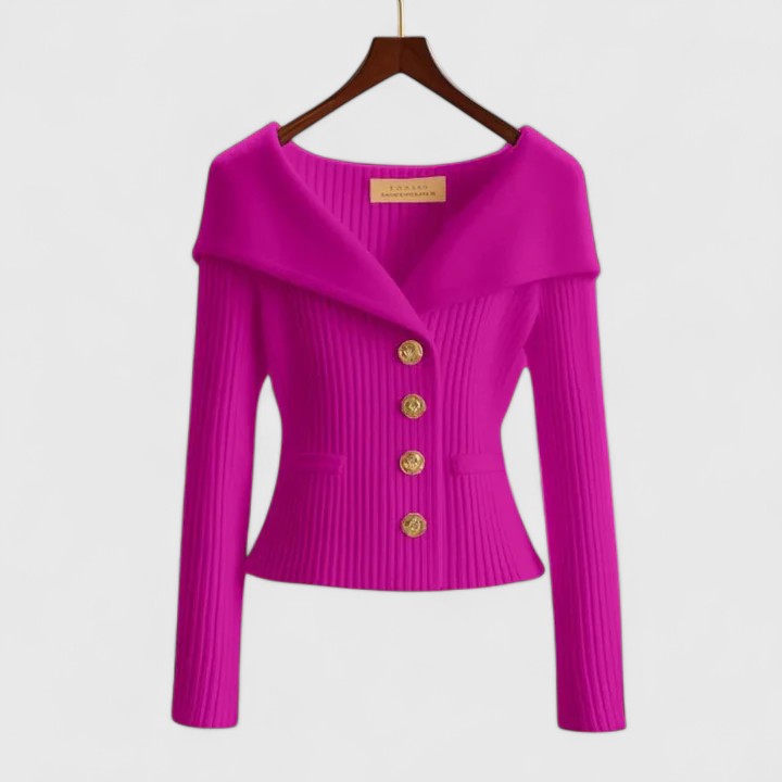 Women's fitted ribbed cardigan with a wide foldover collar and gold-tone buttons - fuchsia