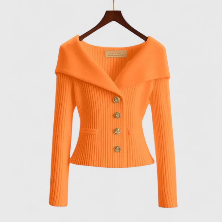 Women's fitted ribbed cardigan with a wide foldover collar and gold-tone buttons - orange