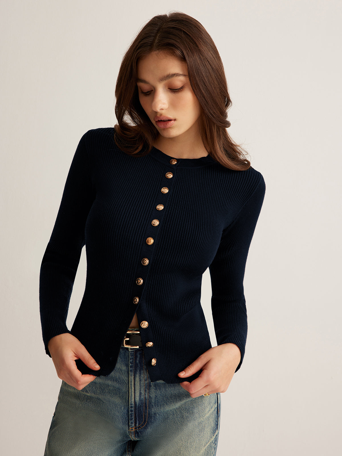 Women's fitted ribbed cardigan with a crew neck and gold-tone buttons - navy