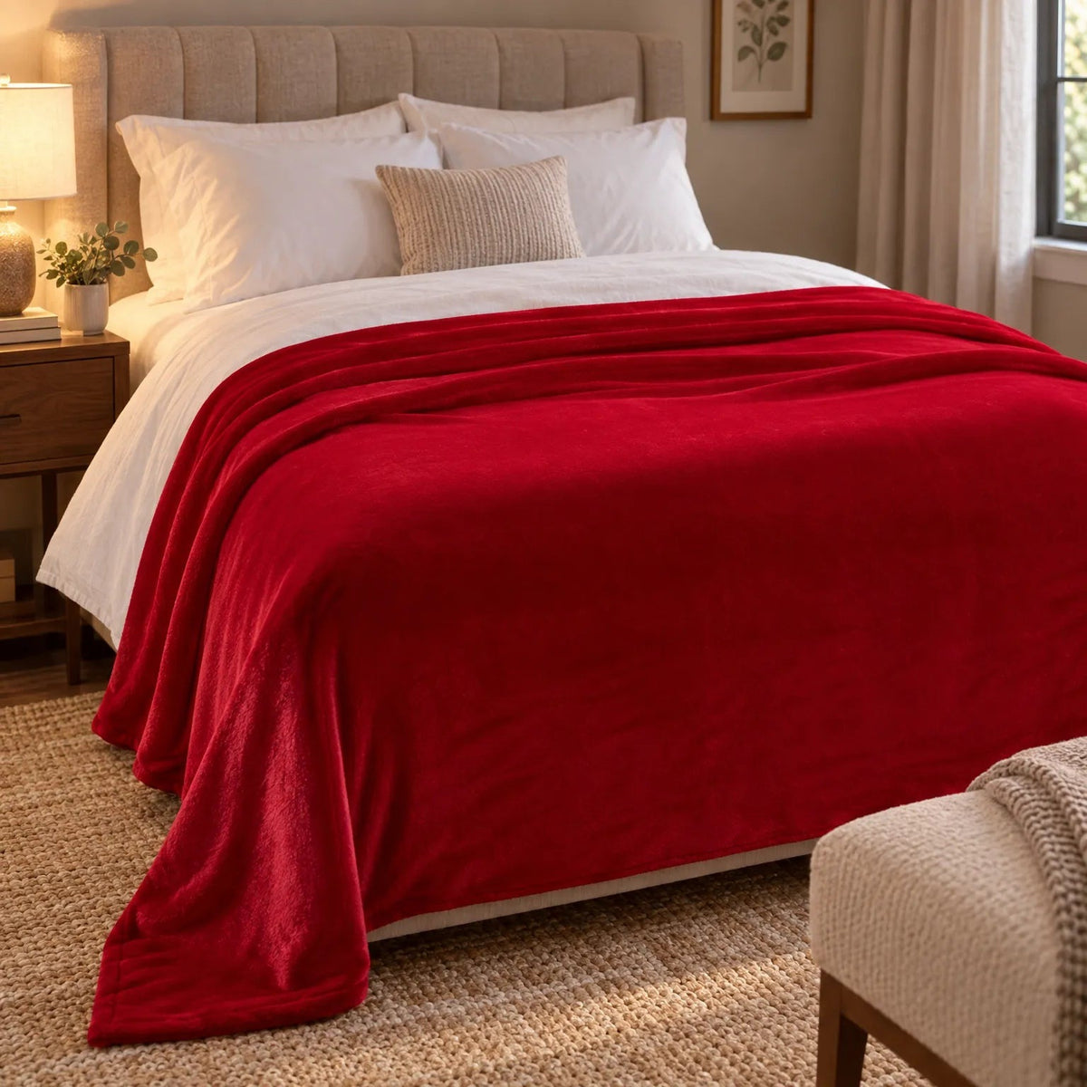 Plain flannel fleece blanket over a bed