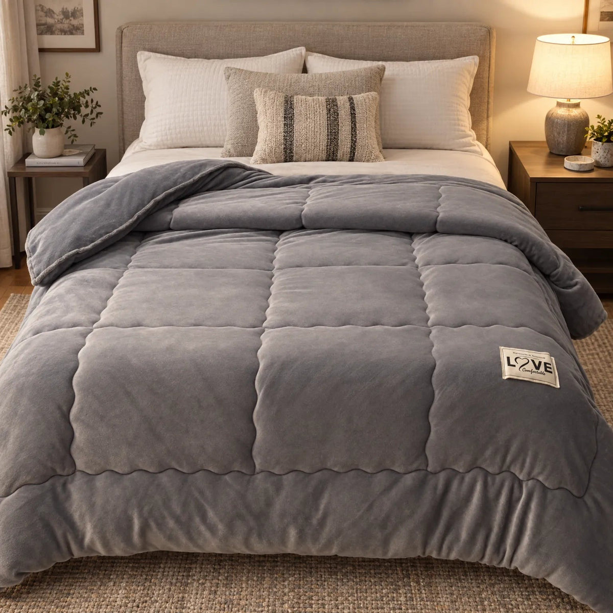 Quilted fleece duvet without a cover, with stitched squares