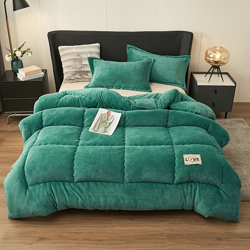 Quilted fleece duvet without a cover, with stitched squares - emerald green