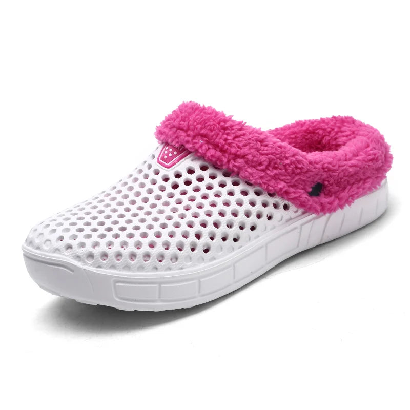 Slippers with a vented EVA upper, fleece lining and open heel - white / pink