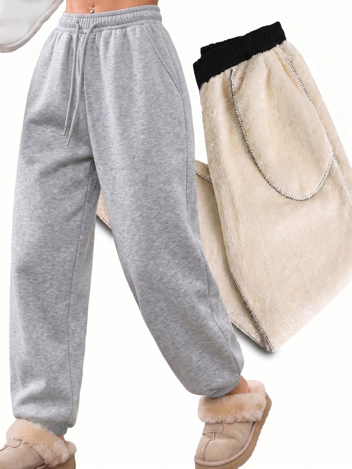 Fleece lined joggers for women with a teddy lining and drawstring - light grey