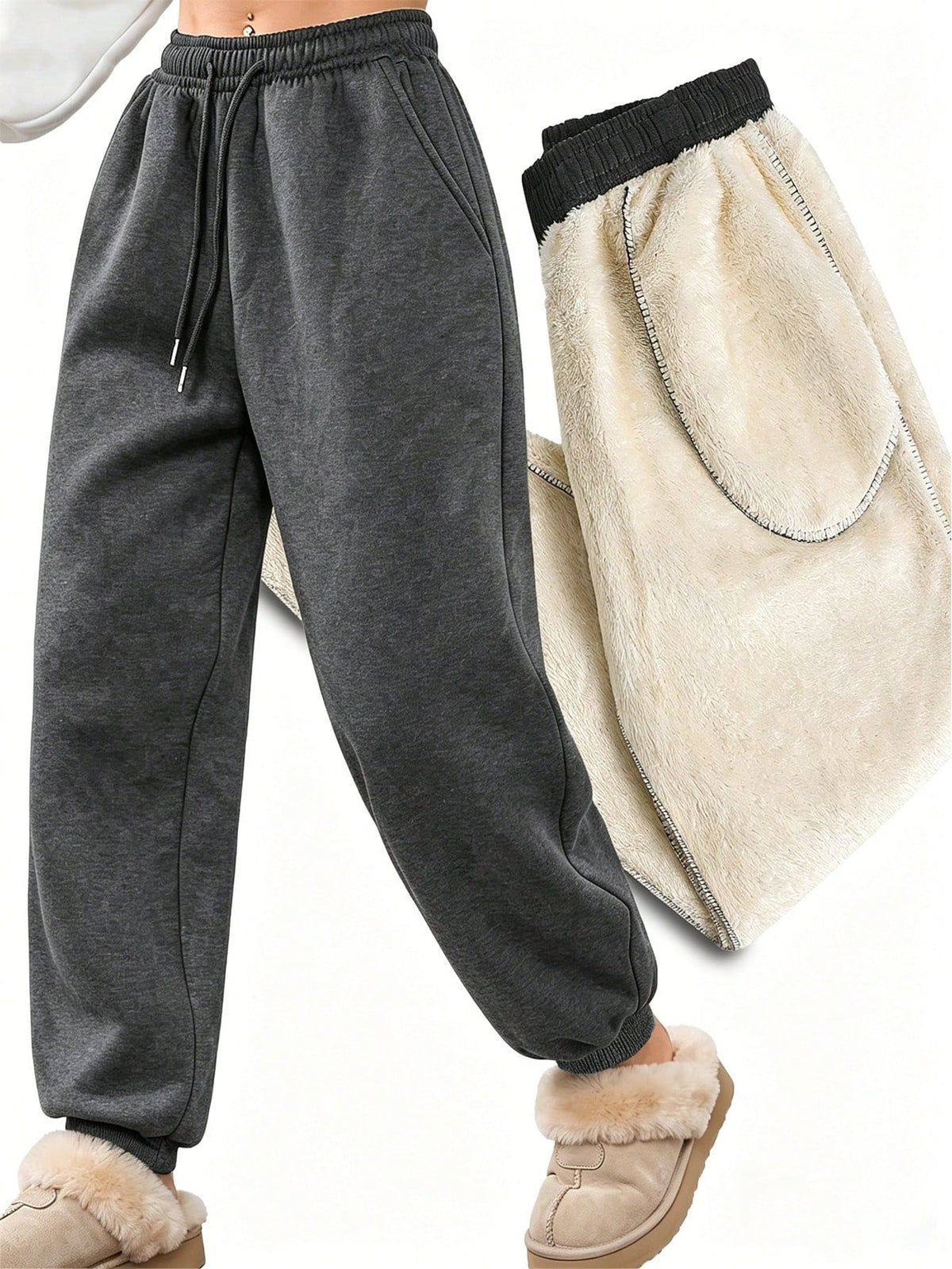 Fleece lined joggers for women with a teddy lining and drawstring - charcoal