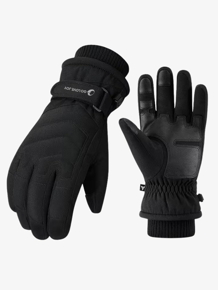 Ski gloves with fleece lining, grip palm and adjustable wrist strap - black
