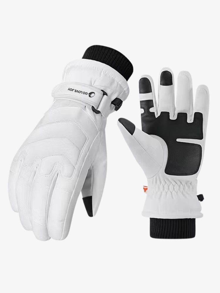 Ski gloves with fleece lining, grip palm and adjustable wrist strap - white