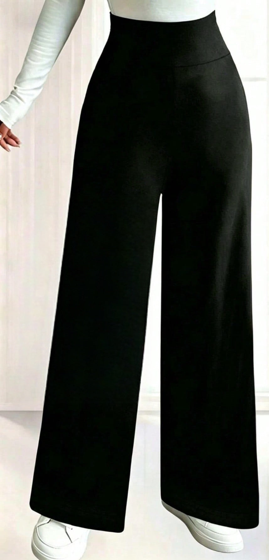 Fleece lined wide leg trousers for women in black with a high waistband - view 3
