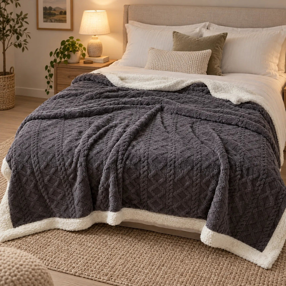 Reversible fleece throw with a cable pattern and sherpa back