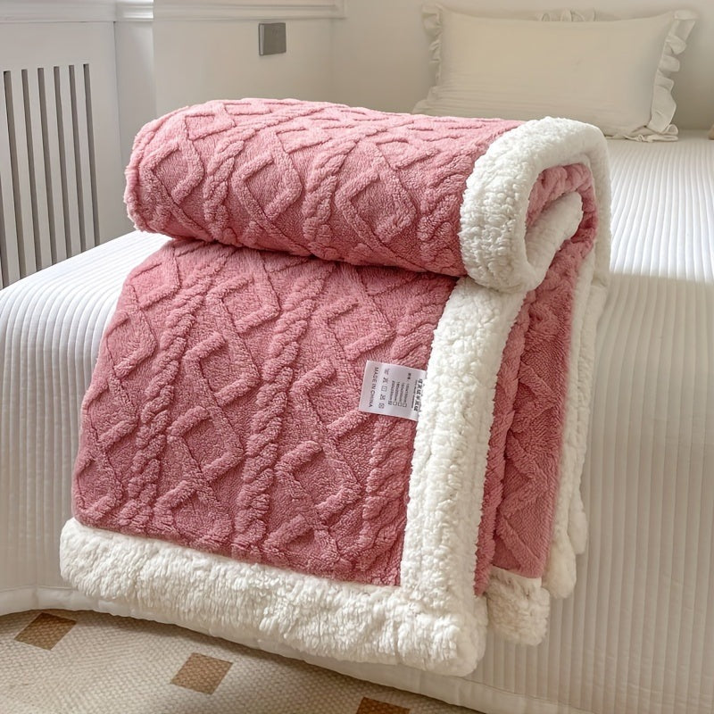Reversible fleece throw with a cable pattern and sherpa back - dusty pink
