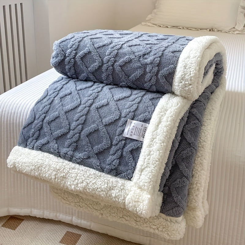 Reversible fleece throw with a cable pattern and sherpa back - blue grey