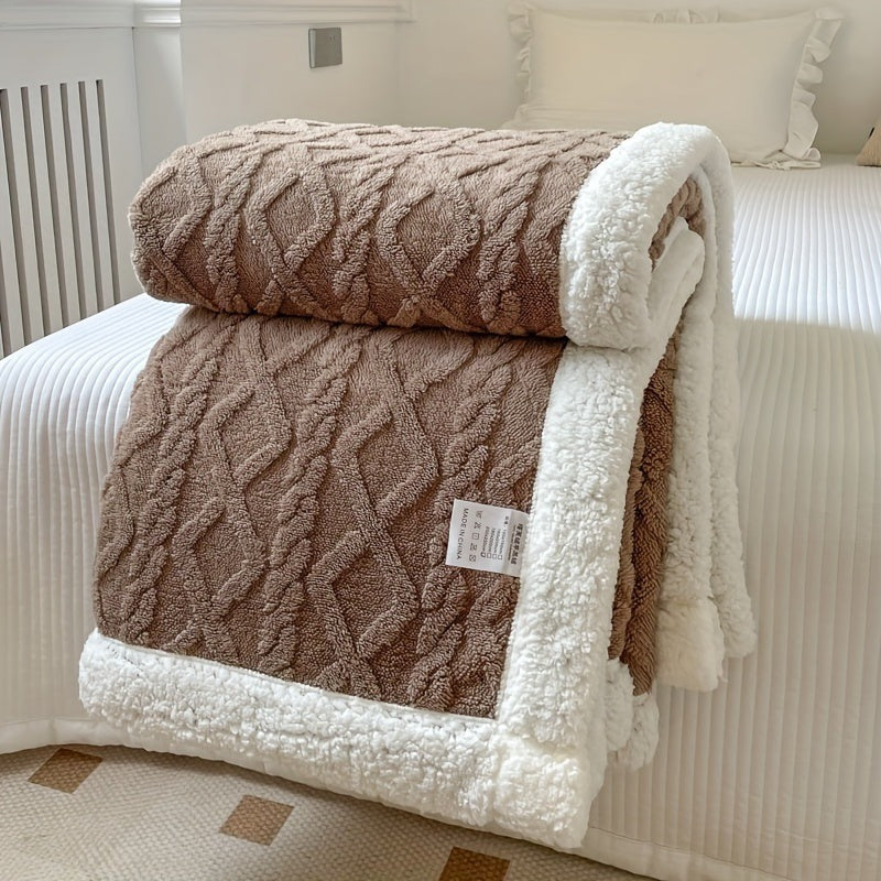 Reversible fleece throw with a cable pattern and sherpa back - brown
