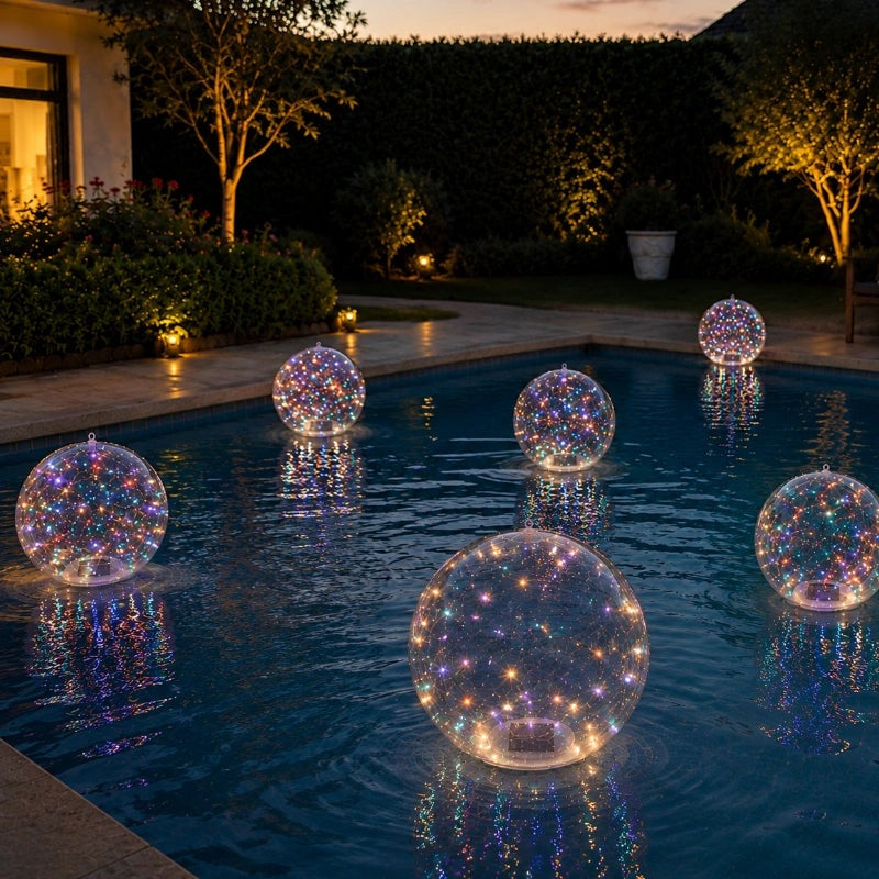 Floating solar light ball glowing in a swimming pool at night - multicolour