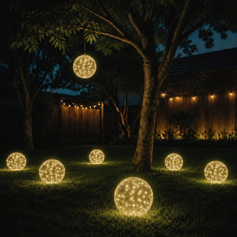Floating solar light ball glowing in a swimming pool at night - view 4