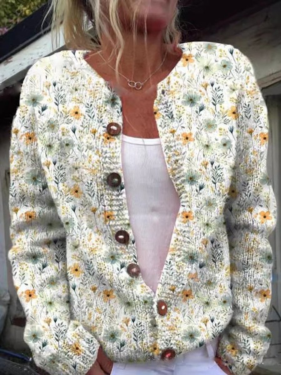 Women's printed knit cardigan with a crew neck and brown buttons - cream floral