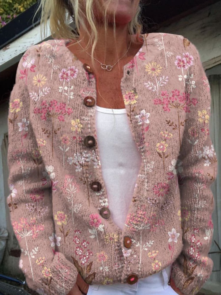 Women's printed knit cardigan with a crew neck and brown buttons - dusty pink floral
