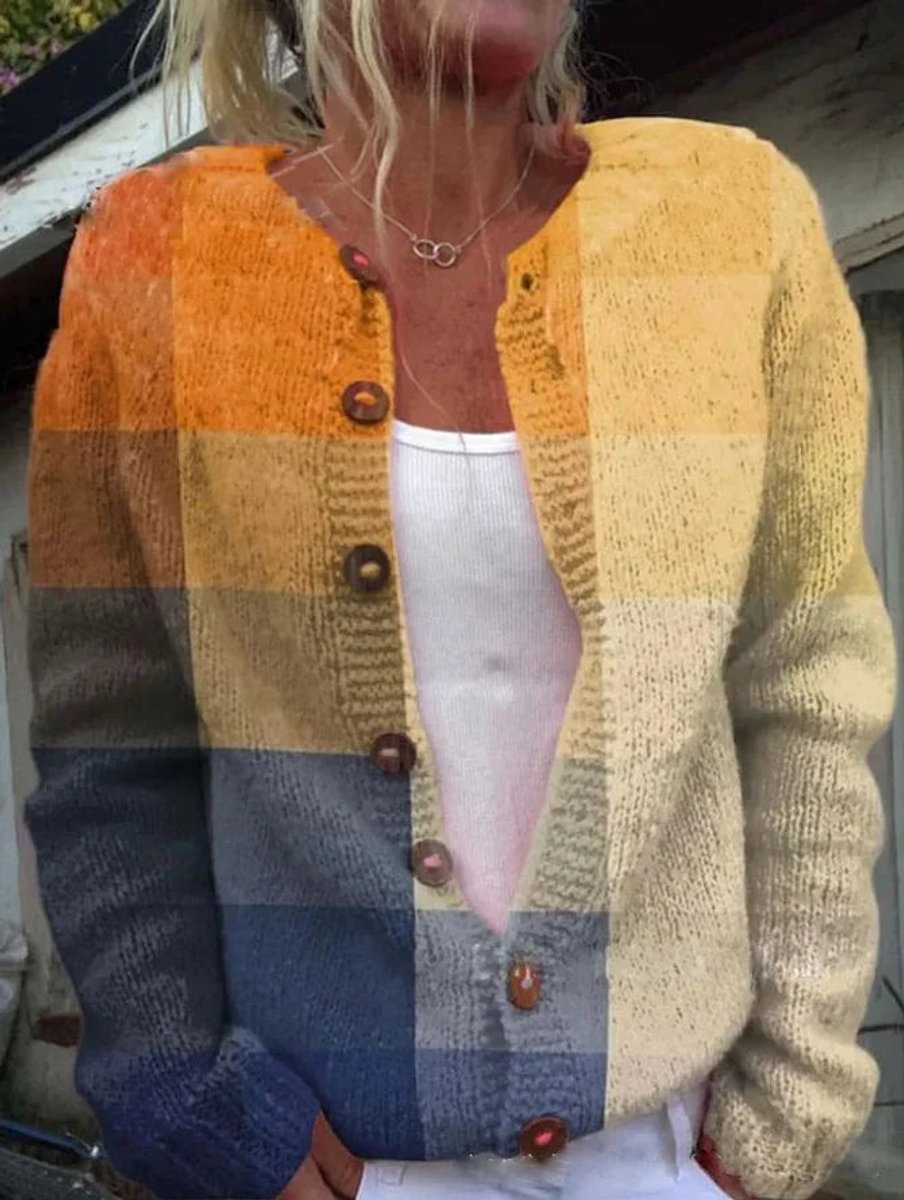 Women's printed knit cardigan with a crew neck and brown buttons - yellow blue check