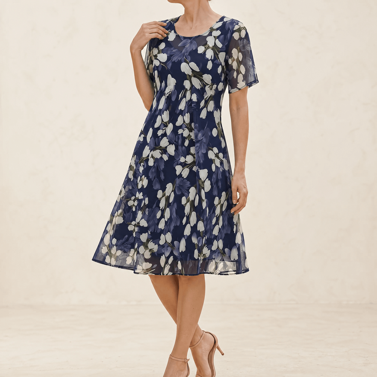 Women's navy floral chiffon dress in Navy Floral