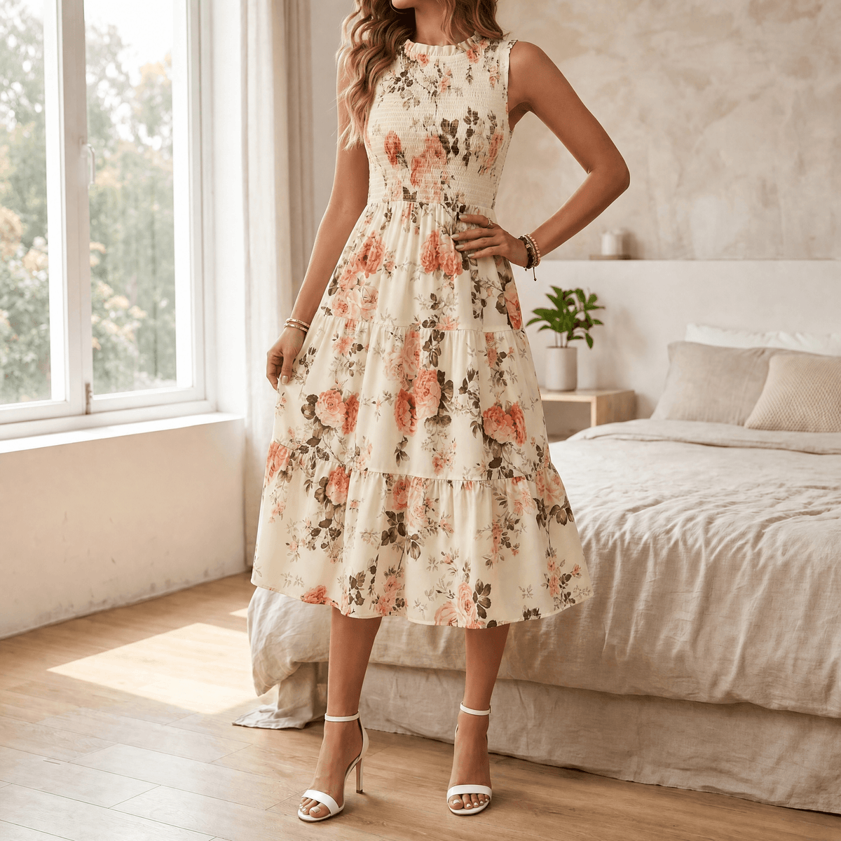 Women's smocked floral midi dress in Cream Peach Rose