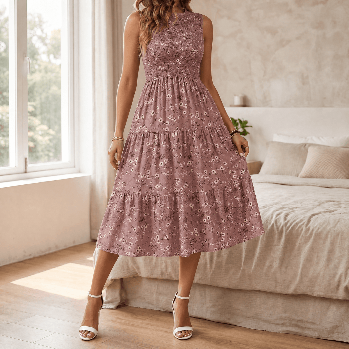 Women's smocked floral midi dress in Dusty Pink