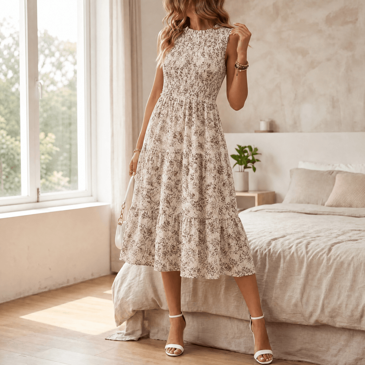 Women's smocked floral midi dress in Ivory Mauve
