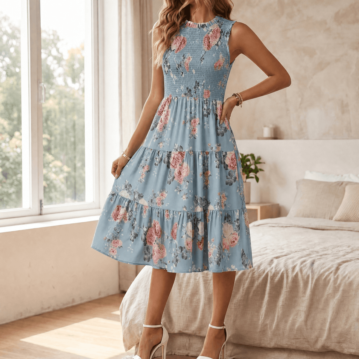 Women's smocked floral midi dress in Powder Blue