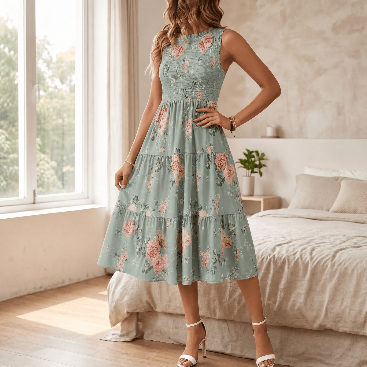 Women's smocked floral midi dress in Sage Green