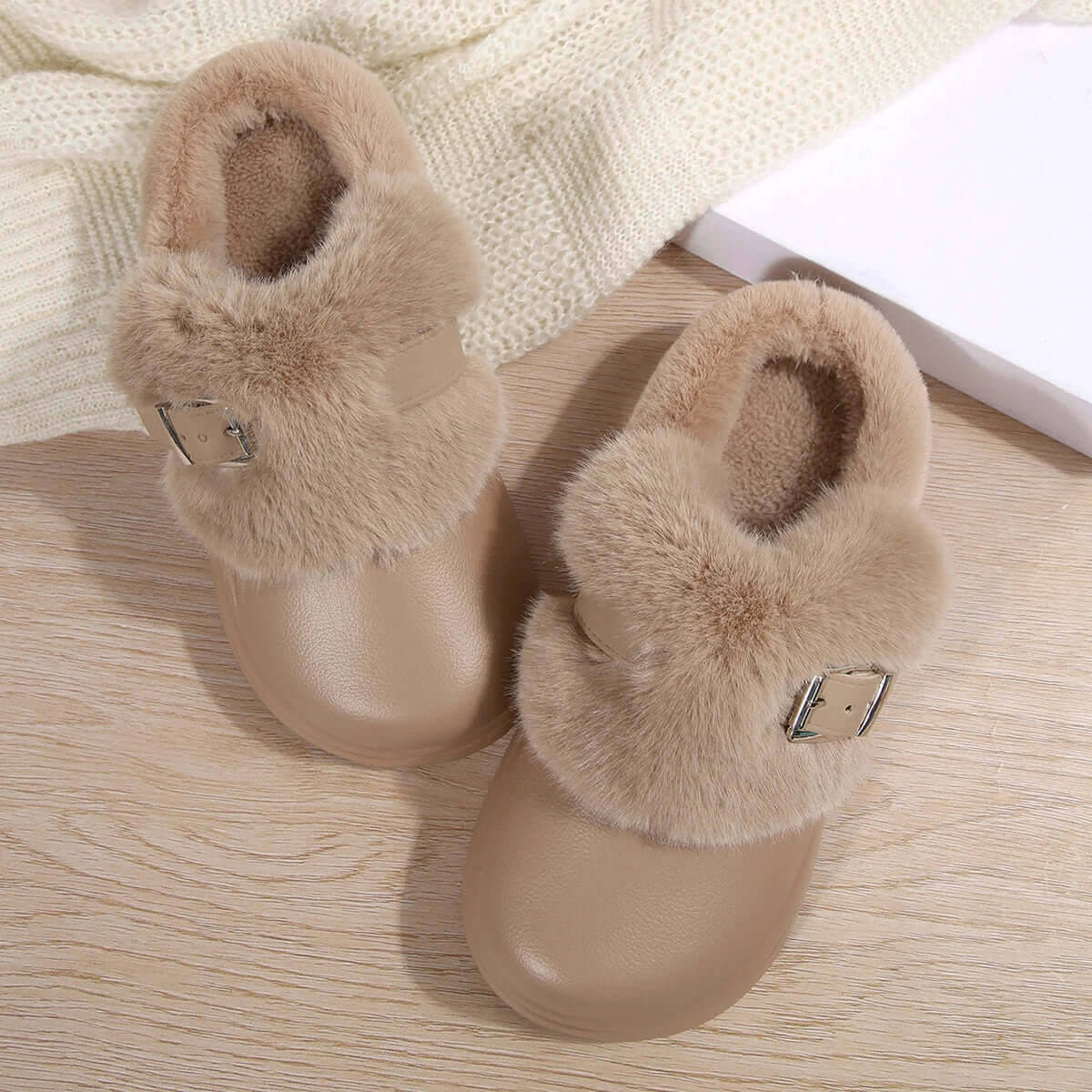 Women's fluffy EVA clog slippers with a wide faux fur band, buckle and thick sole - taupe