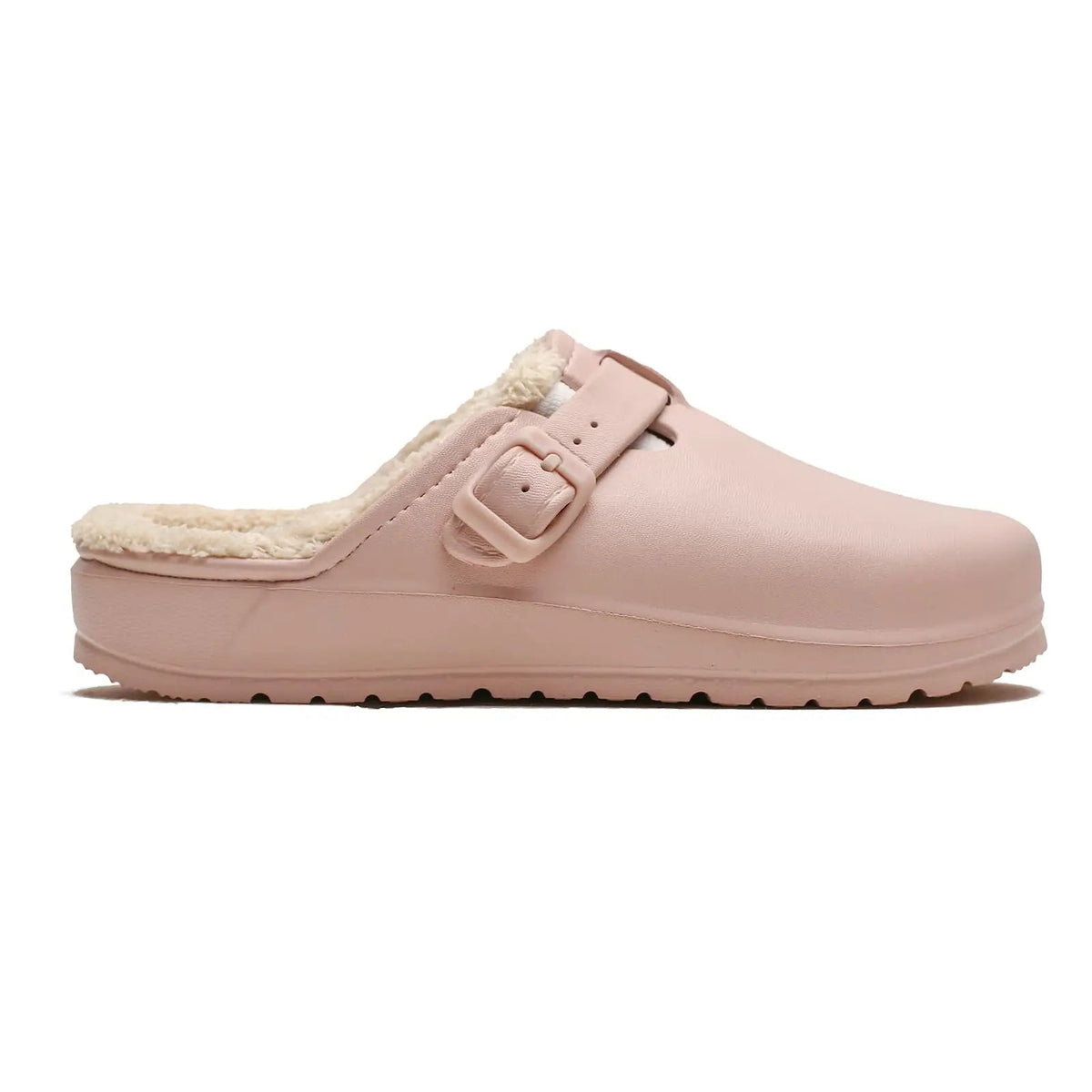 Clog slippers with a buckle strap, plush lining and tread sole - pink