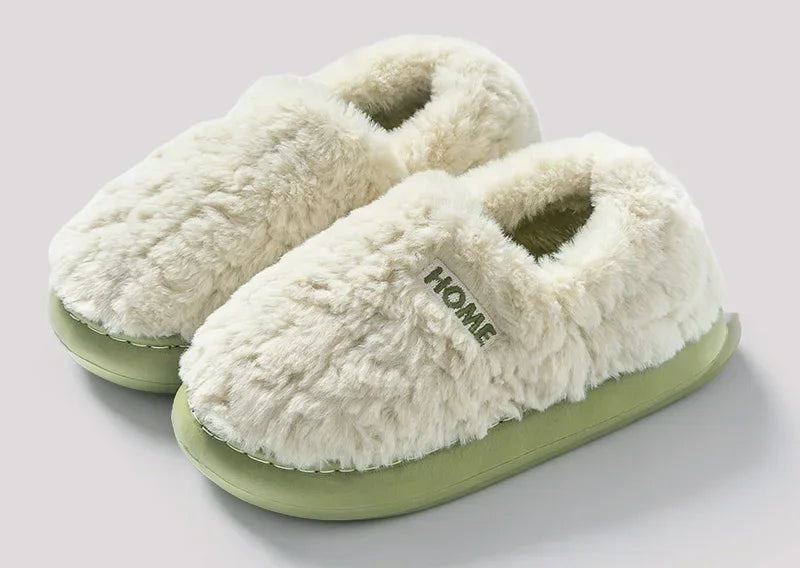 Fluffy slippers with a closed heel, plush upper and thick sole with tread - green