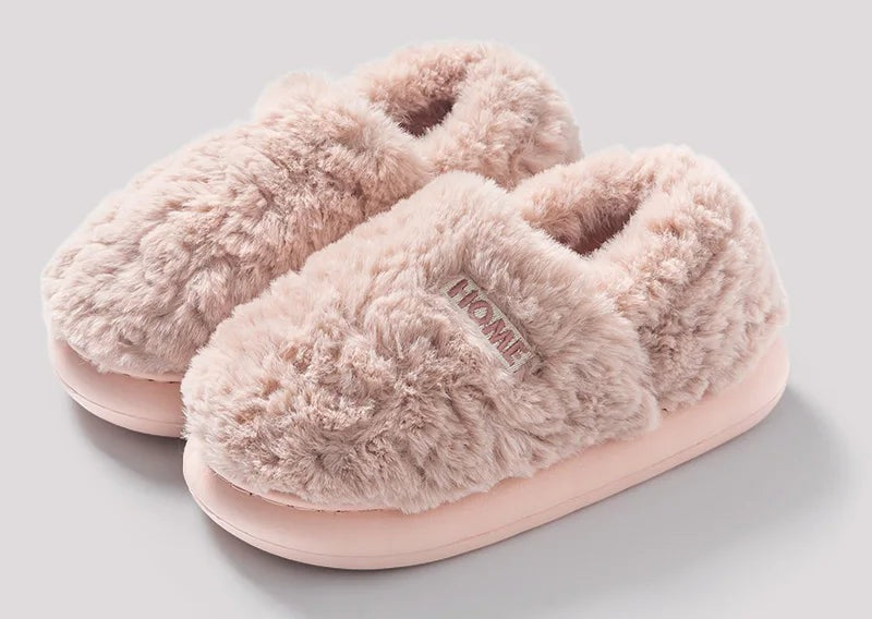 Fluffy slippers with a closed heel, plush upper and thick sole with tread - pink