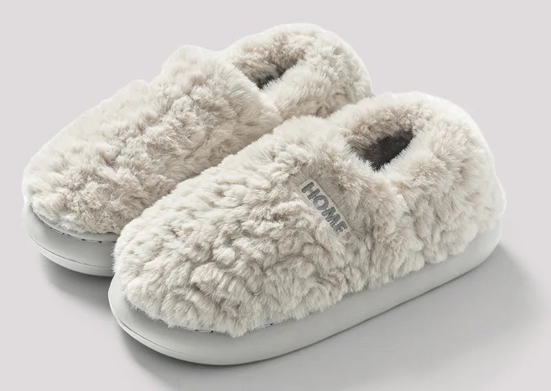 Fluffy slippers with a closed heel, plush upper and thick sole with tread - light grey
