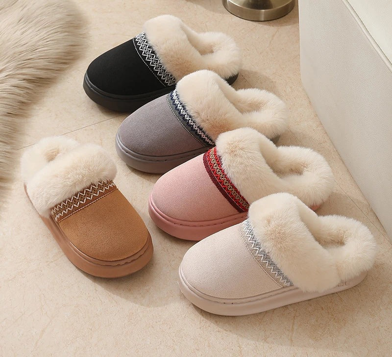 Fluffy slippers in suede look with plush collar, embroidered band and open heel