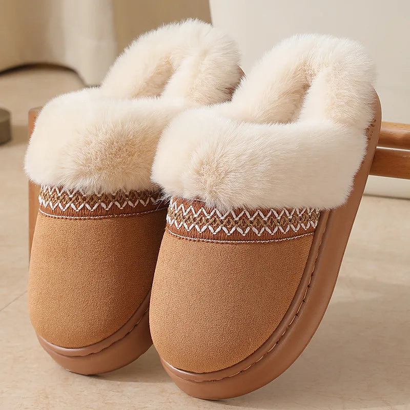 Fluffy slippers in suede look with plush collar, embroidered band and open heel - camel