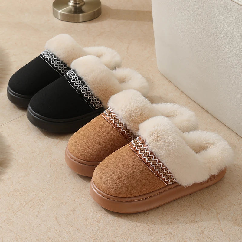Fluffy slippers in suede look with plush collar, embroidered band and open heel - view 3