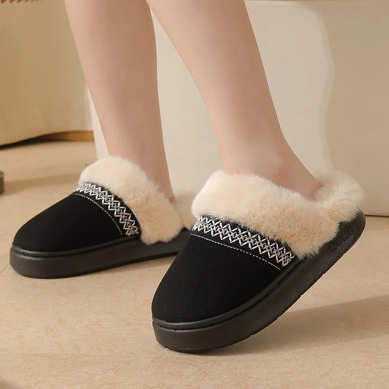Fluffy slippers in suede look with plush collar, embroidered band and open heel - view 4