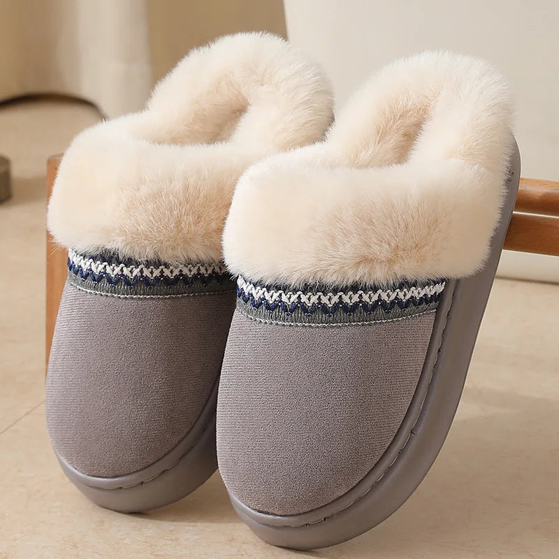Fluffy slippers in suede look with plush collar, embroidered band and open heel - grey