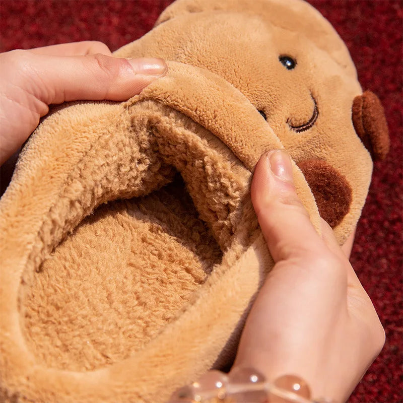 Fluffy slippers shaped like a croissant with stitched face, teddy lining and thick sole - view 5