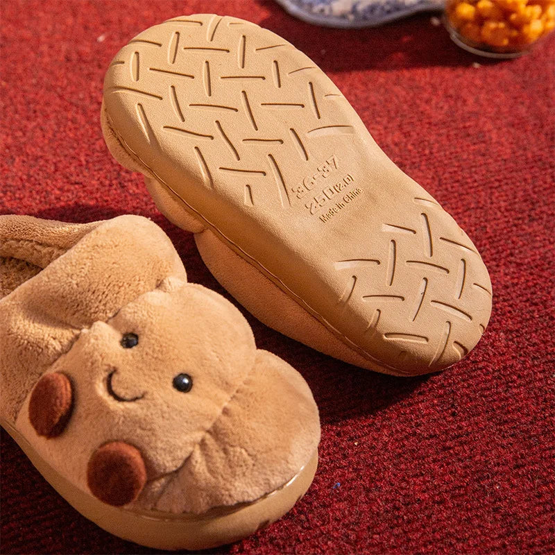Fluffy slippers shaped like a croissant with stitched face, teddy lining and thick sole - view 6