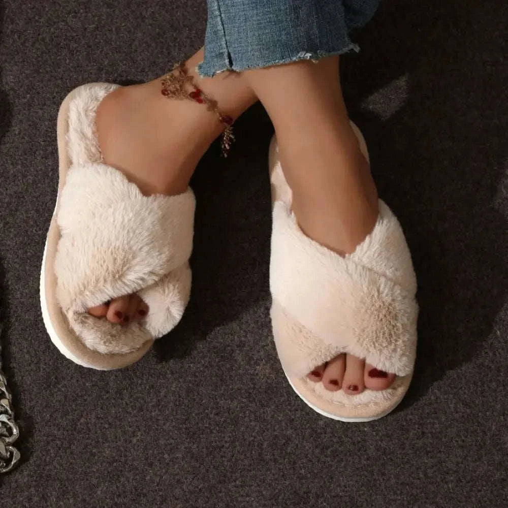 Fluffy slippers with crossed plush bands, open toe and memory foam footbed - beige
